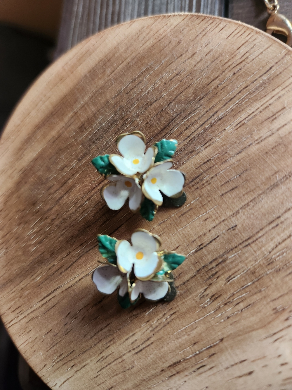 Floral White and Green Metal Flower Clip-on Earrings